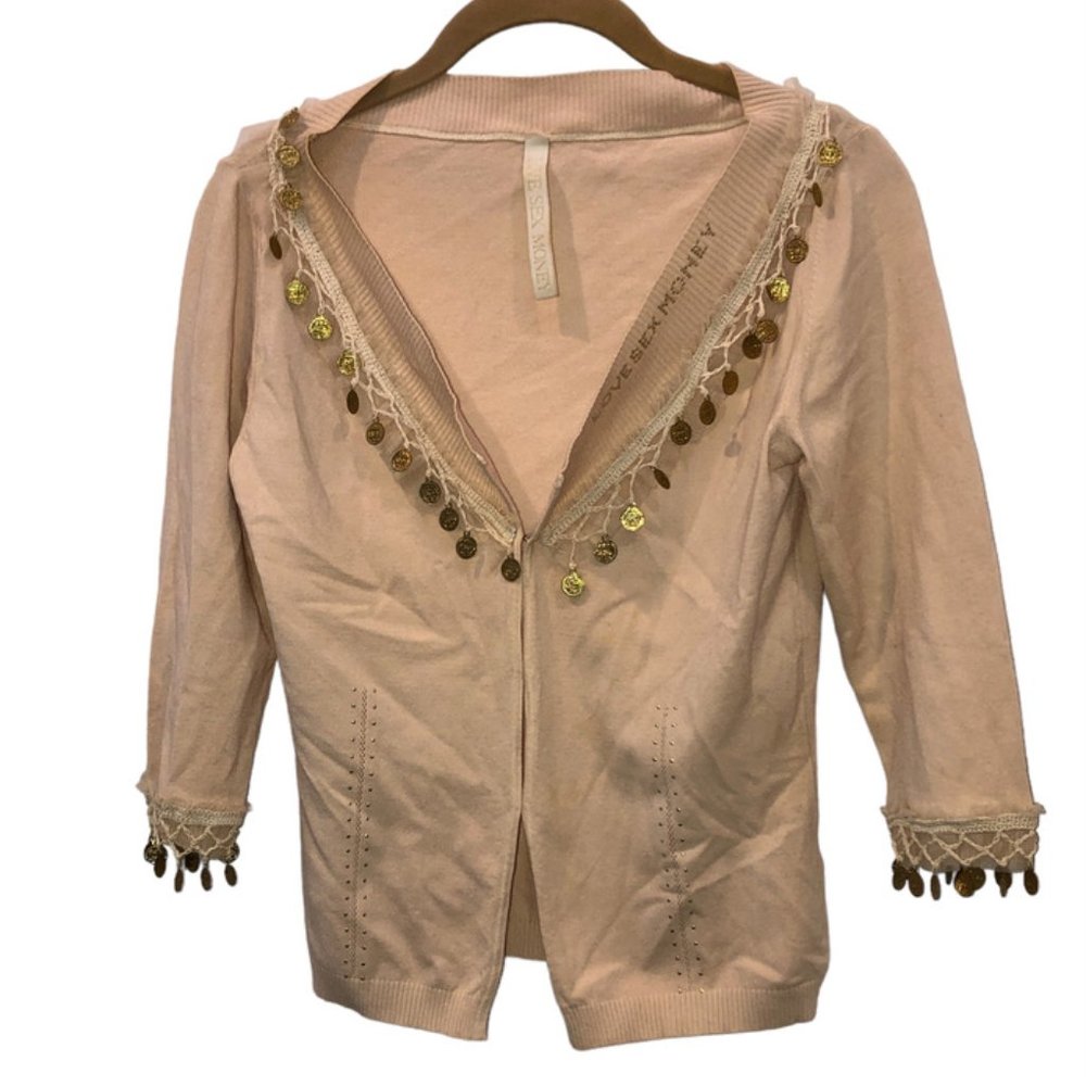 Pink cardigan Love Sex Money pastel champagne beige GOLD COIN embellished medium